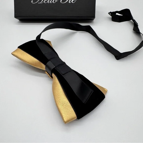 Men's PU Leather Bow Tie With Black & Gold Hardware With Crystal Stones - Picture 5 of 11